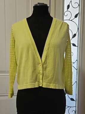 Tribal Yellow 3 Button Open Mesh Sleeve Cropped Cardigan L